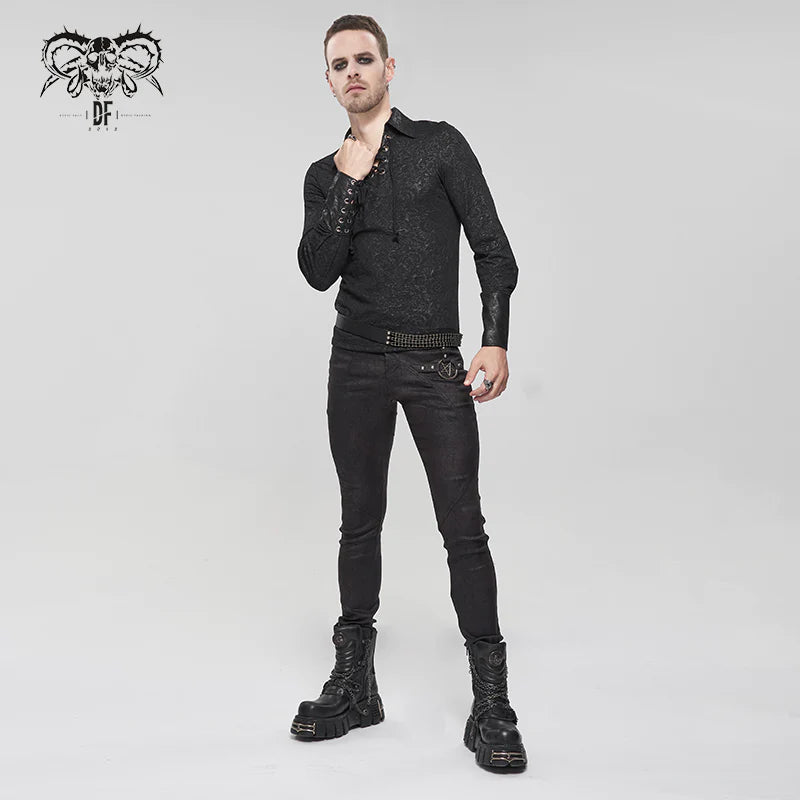 Goth Punk Men's Rubberized Cracked Textured Pentagram Fitted Trousers
