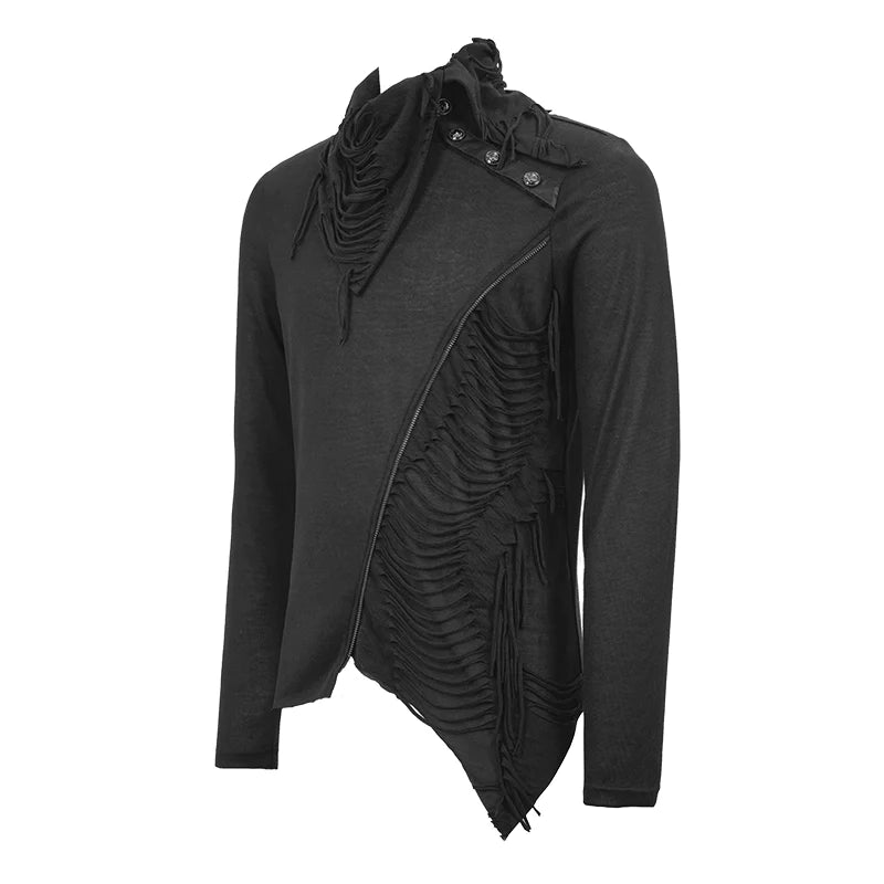 Gothic ragged turn down collar woolen punk long sleeve shirts with zipper