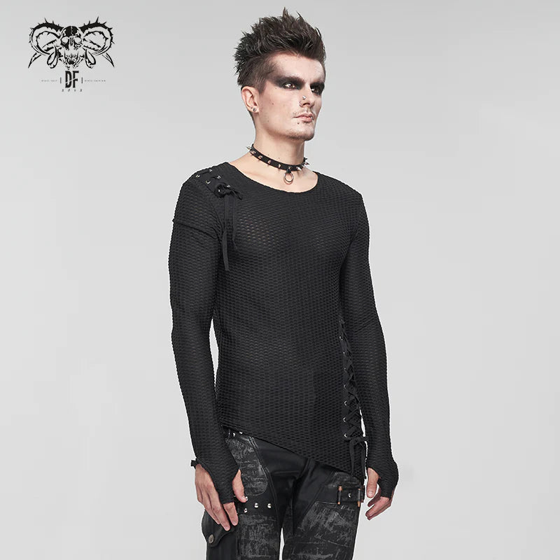 Goth Punk Coarse Mesh Asymmetrical Lace-Up Long Sleeve Shirt