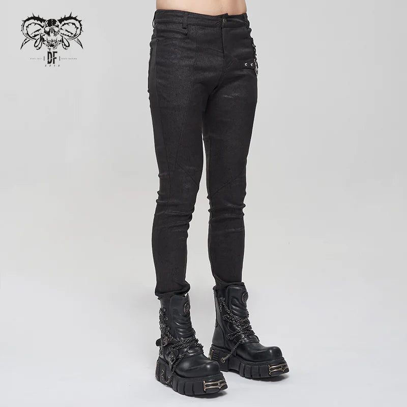 Goth Punk Men's Rubberized Cracked Textured Pentagram Fitted Trousers
