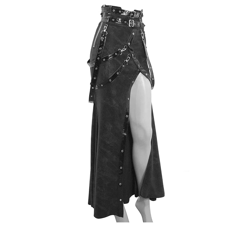 Gothic Punk High side slit design Japanese sexy girls black skirt with adjusted loops