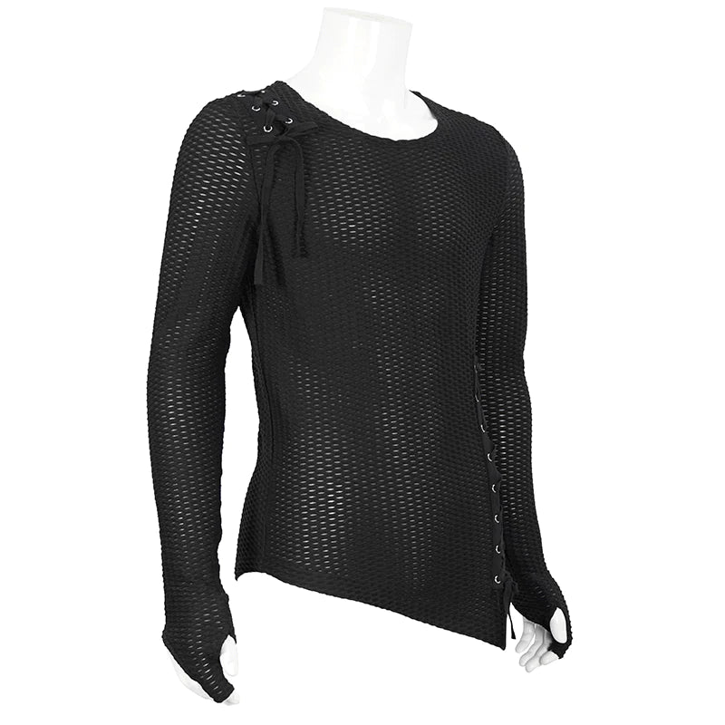 Goth Punk Coarse Mesh Asymmetrical Lace-Up Long Sleeve Shirt