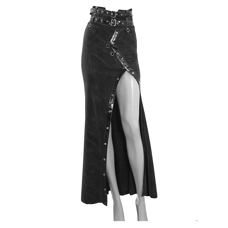 Gothic Punk High side slit design Japanese sexy girls black skirt with adjusted loops