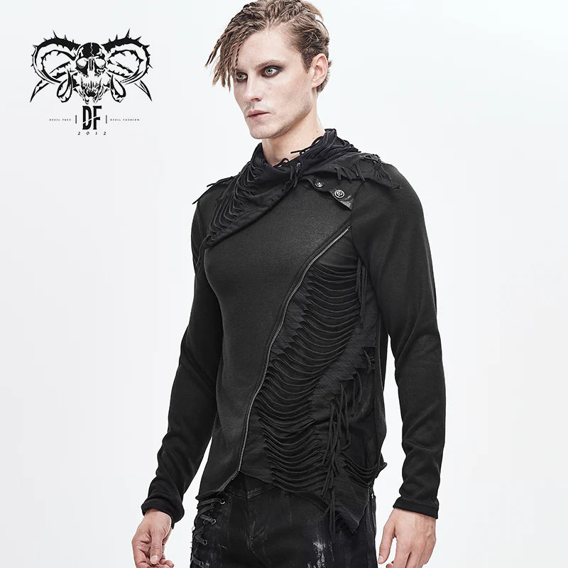 Gothic ragged turn down collar woolen punk long sleeve shirts with zipper