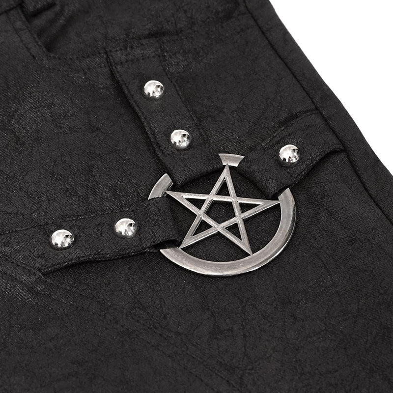 Goth Punk Men's Rubberized Cracked Textured Pentagram Fitted Trousers
