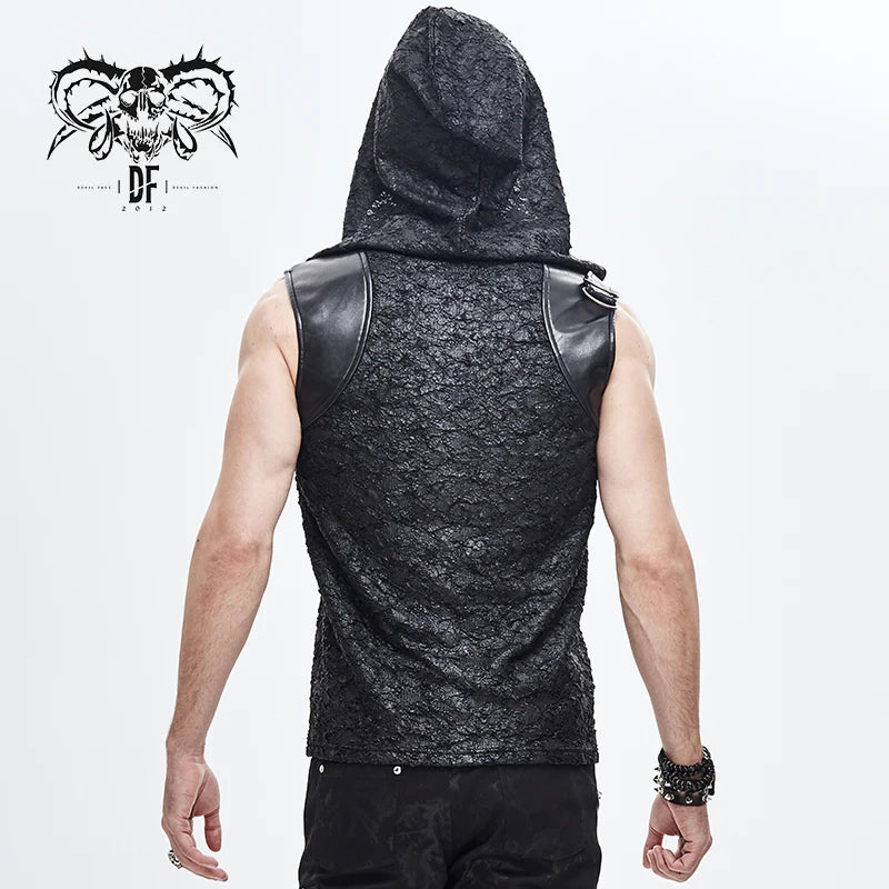 Goth Hooded Distressed Men's Top with Lace-Up Neckline