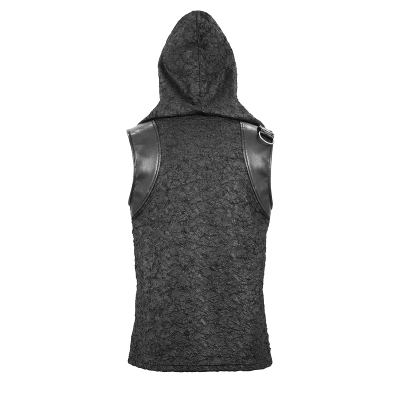 Goth Hooded Distressed Men's Top with Lace-Up Neckline