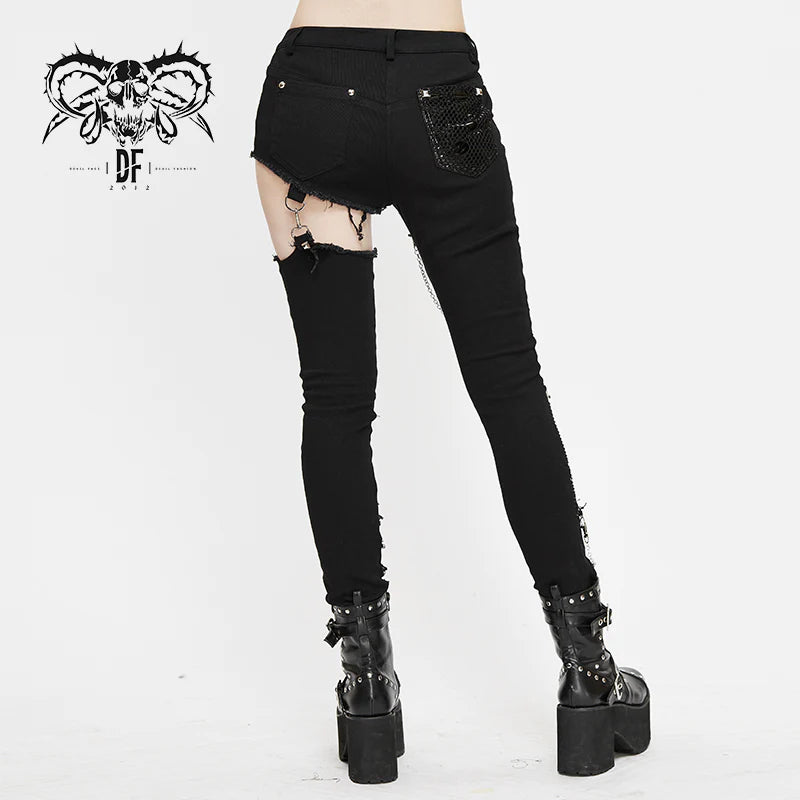 Punk Goth Asymmetrical Spliced Broken Hole Studded Women Pants with Chains