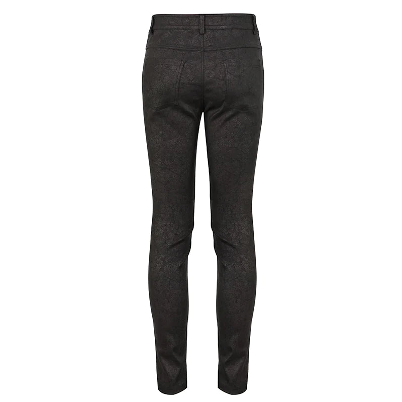 Goth Punk Men's Rubberized Cracked Textured Pentagram Fitted Trousers