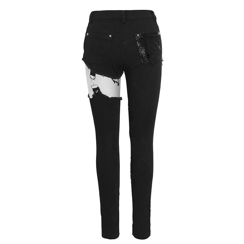 Punk Goth Asymmetrical Spliced Broken Hole Studded Women Pants with Chains