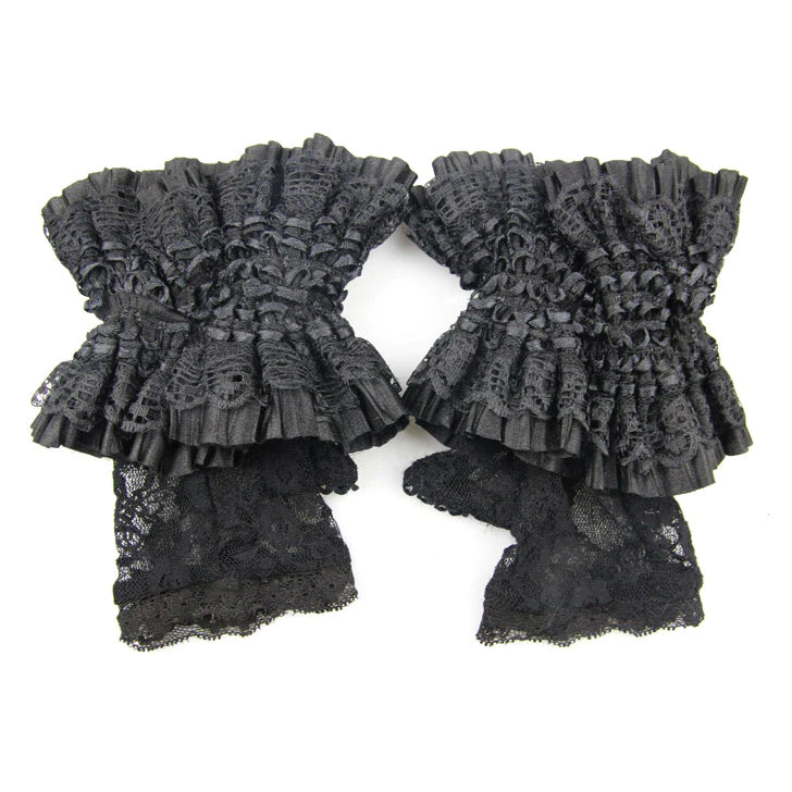 Goth Fingerless Lace Gloves with Flared Mesh Cuffs and Skull Charm