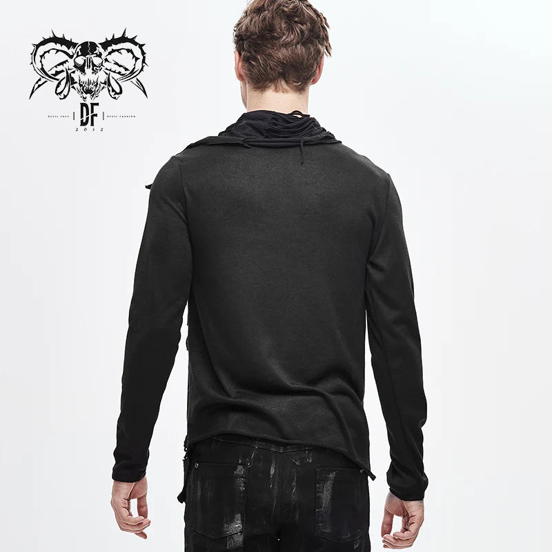 Gothic ragged turn down collar woolen punk long sleeve shirts with zipper