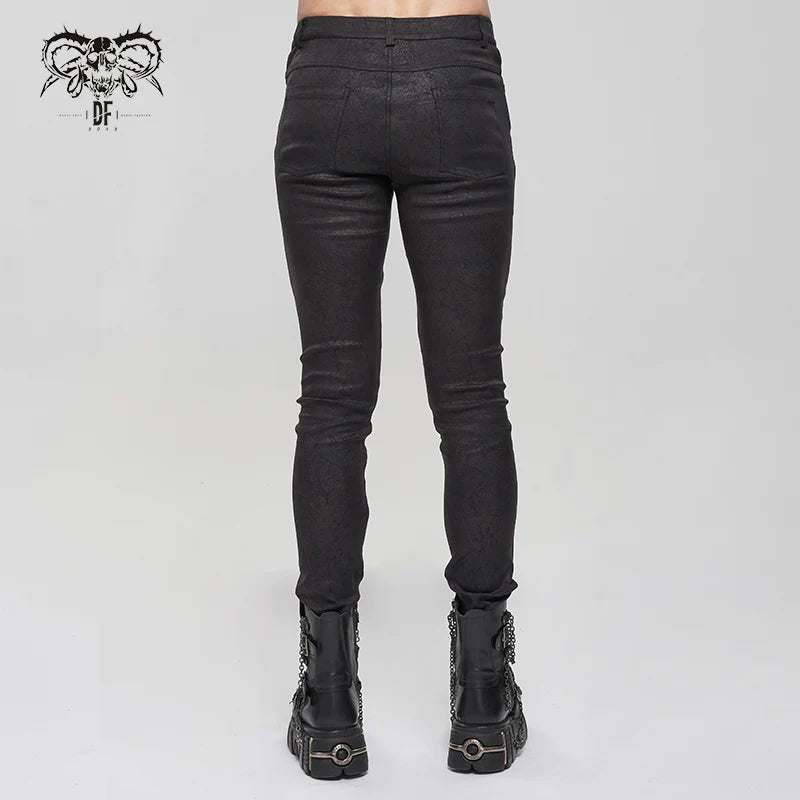 Goth Punk Men's Rubberized Cracked Textured Pentagram Fitted Trousers