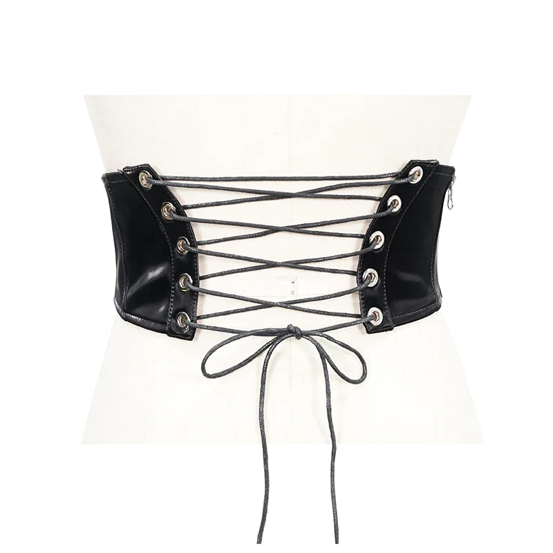 Black High-Gloss Vegan Leather Lace-Up Corset Belt