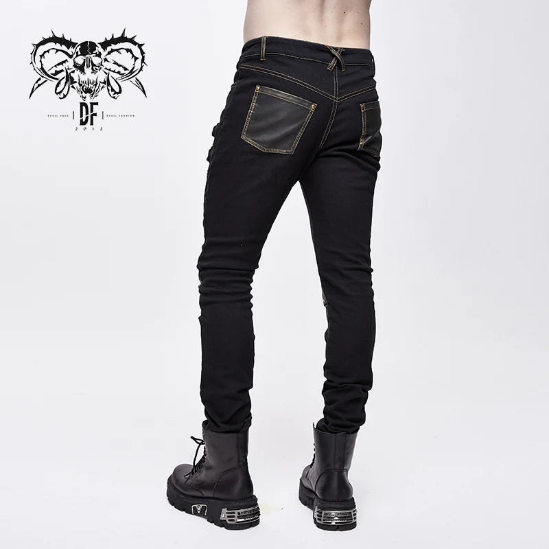 Steam Punk Cross Design Black and Distressed Bronze Shin-Split Studded Pants with Buckles