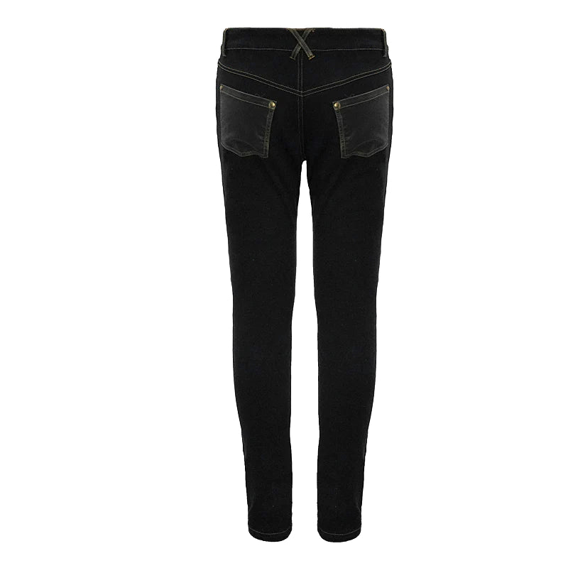 Steam Punk Cross Design Black and Distressed Bronze Shin-Split Studded Pants with Buckles
