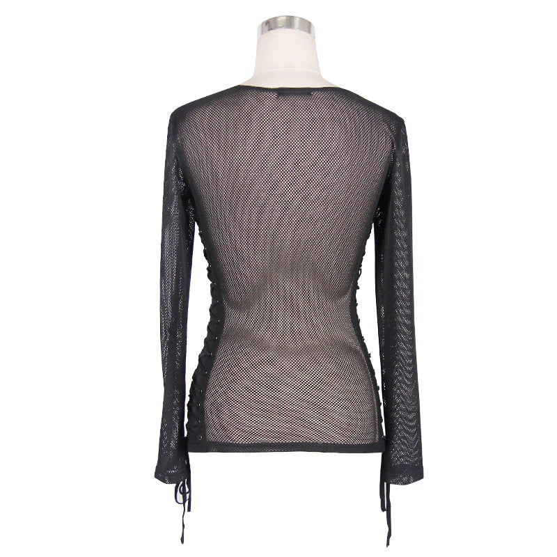 Gothic Punk Fetish See Through Mesh O Neck with Lace up Sides Long Sleeve Unisex Mens and Womens cotton T-shirts