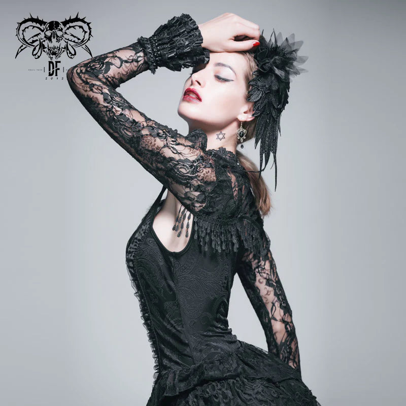 Gothic Victorian sexy women flared sleeves stretchy rose lace long sleeve shawl