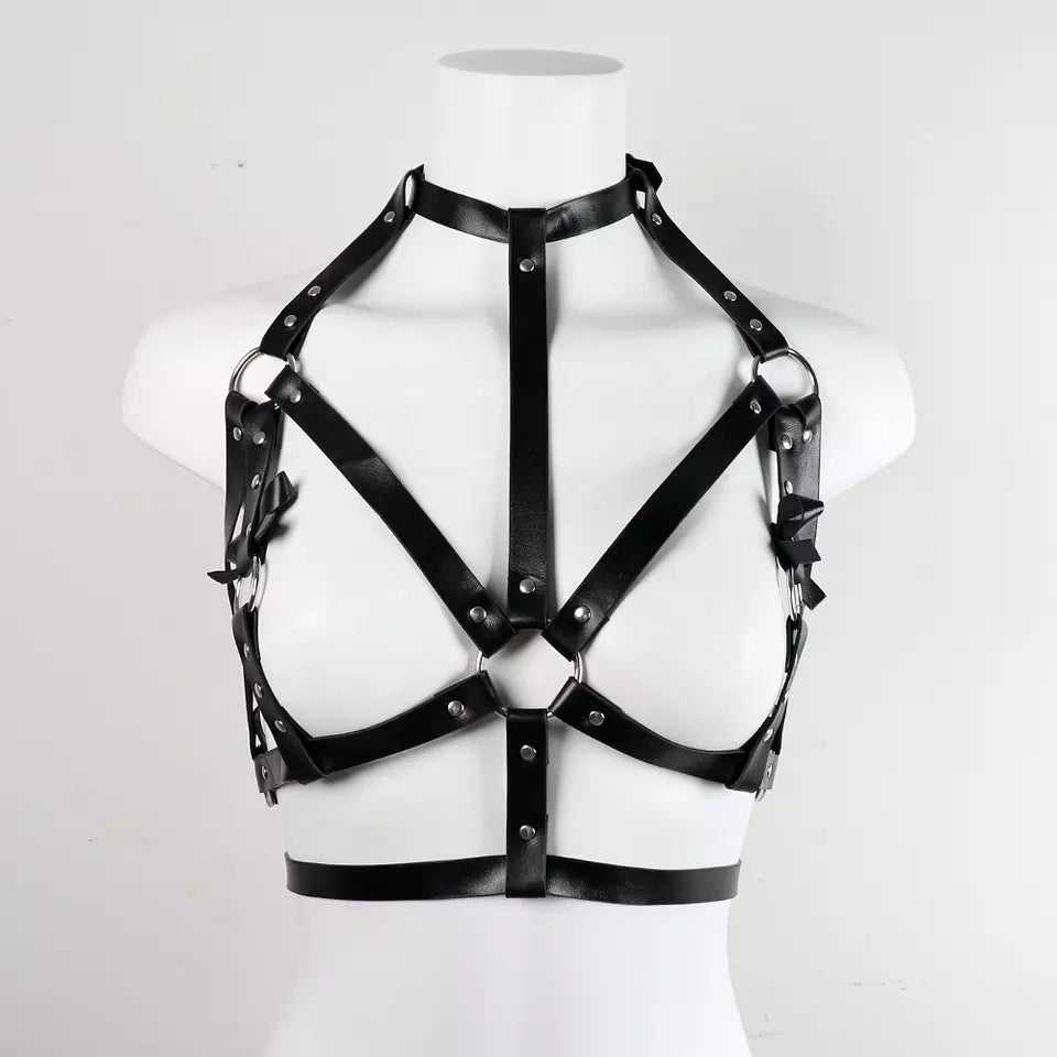 Black Gothic Harness PU Leather with waist strap and center metal ring punk bdsm