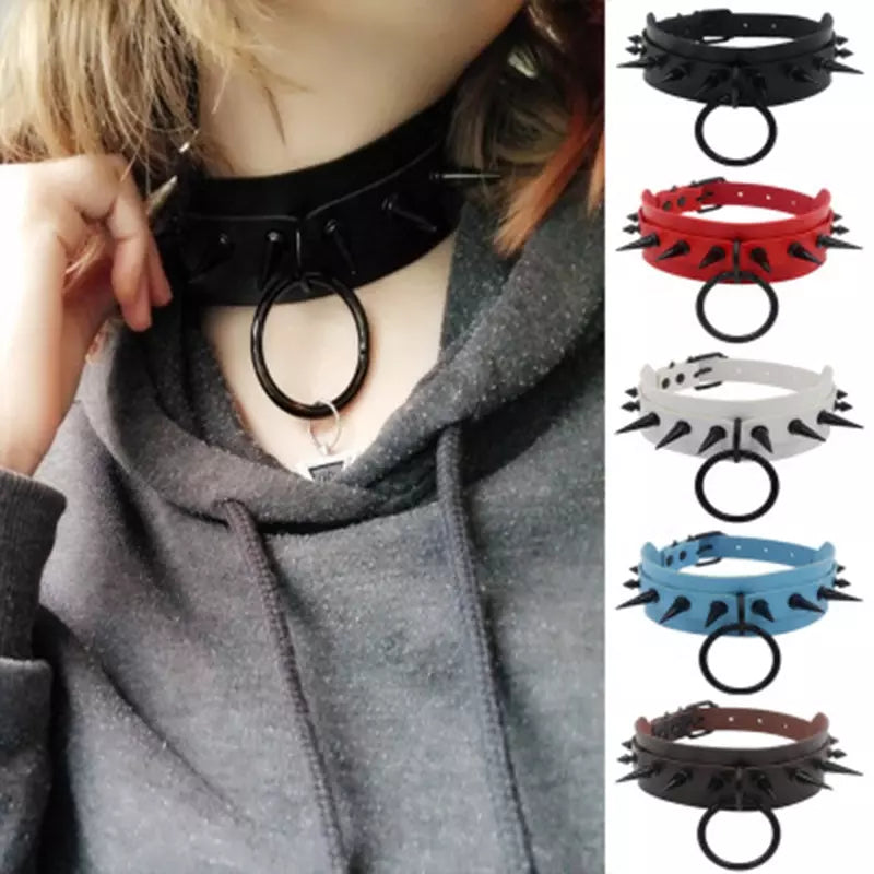 Gothic Punk Spiked Collar with attached O ring Studded in multiple colors