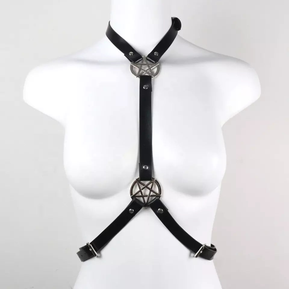Black Gothic Bra Cage Body PU Leather Harness Adjustable Punk Belt with Pentagram