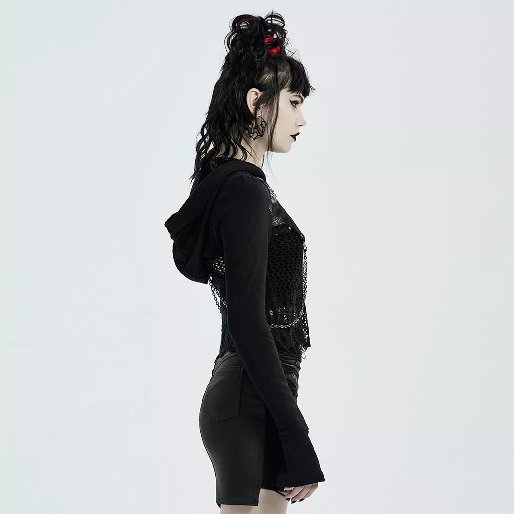 Goth Punk Metal Chained black short hooded long sleeve cuffed coat