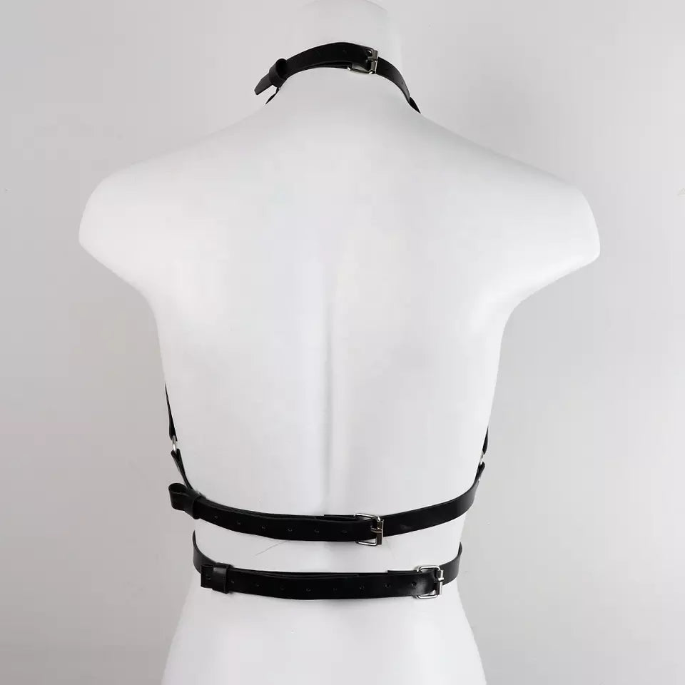 Black Gothic Harness PU Leather with waist strap and center metal ring punk bdsm