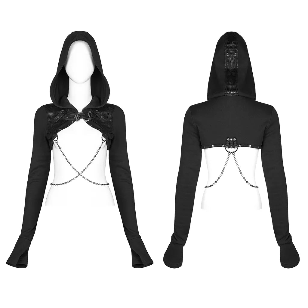 Goth Punk Metal Chained black short hooded long sleeve cuffed coat