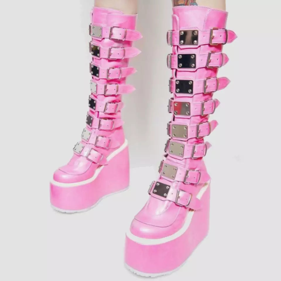Pretty Pink Platform Tall and Buckled Gothic boots