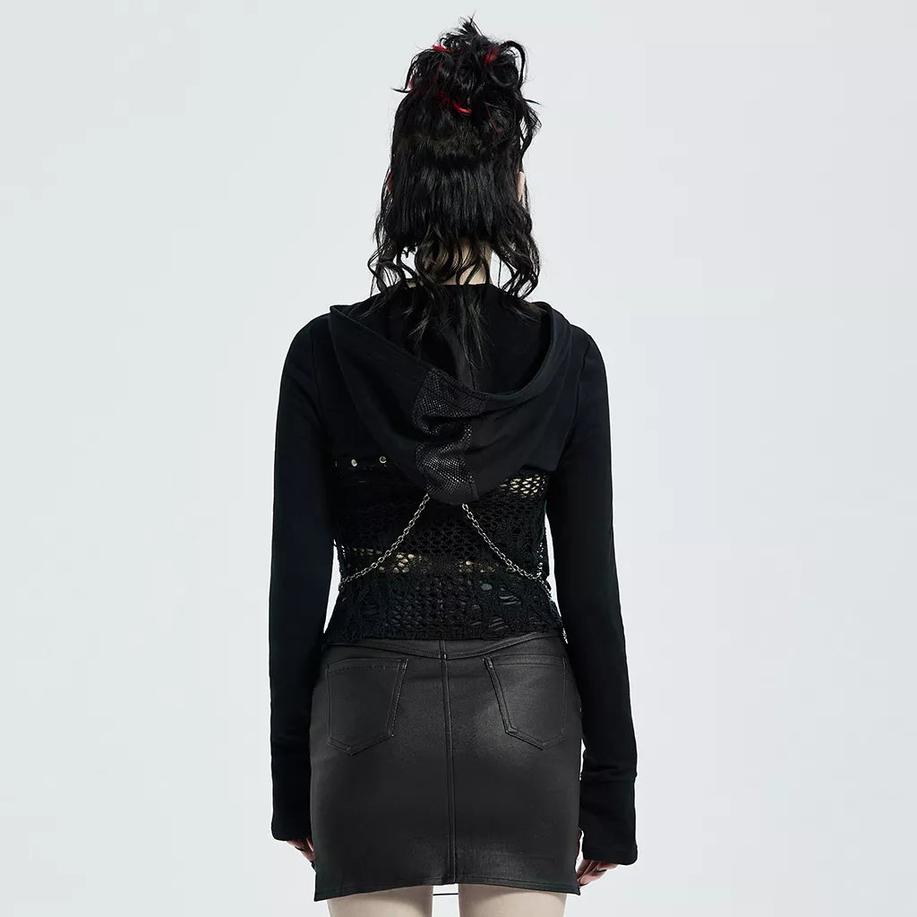Goth Punk Metal Chained black short hooded long sleeve cuffed coat