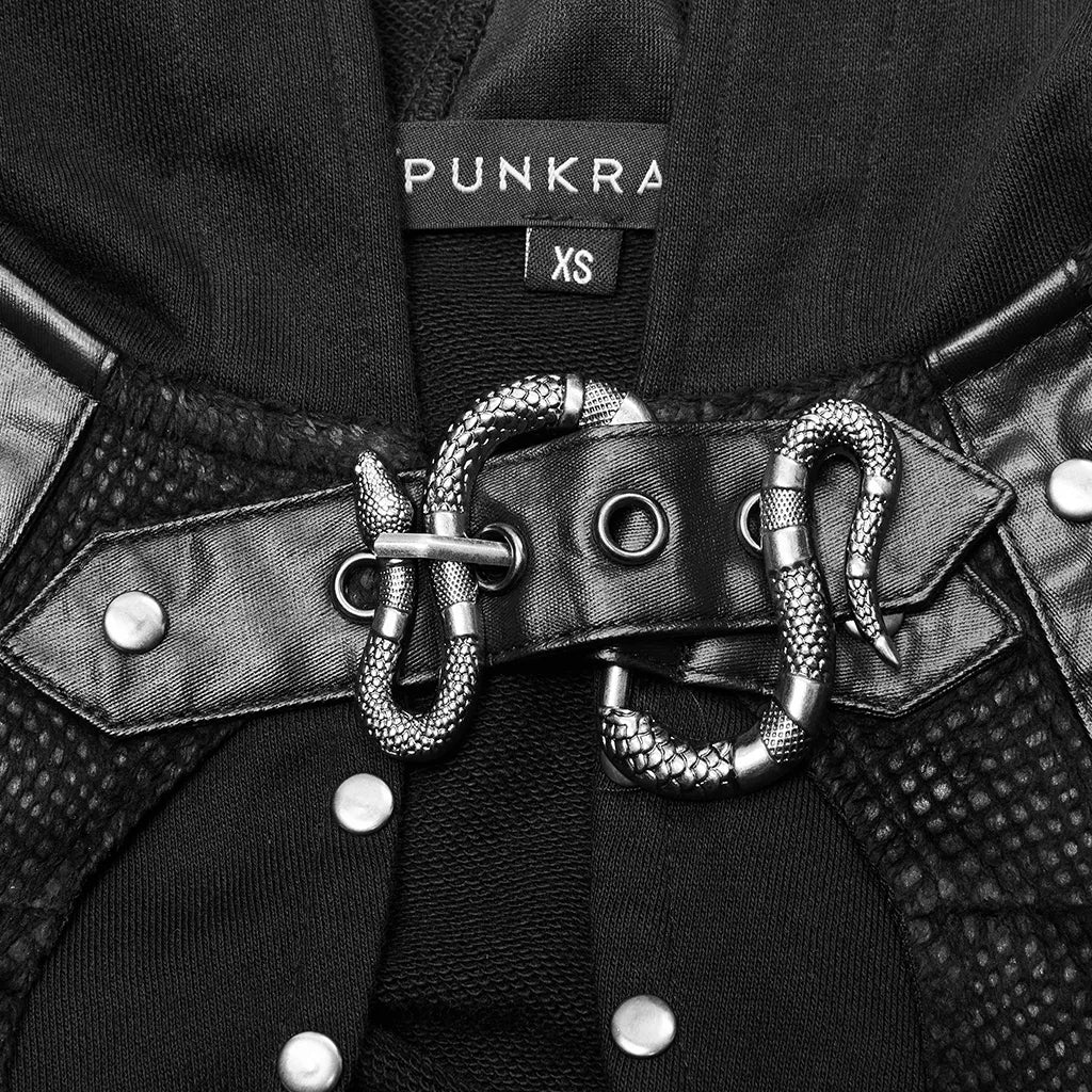 Goth Punk Metal Chained black short hooded long sleeve cuffed coat