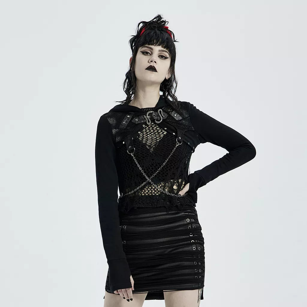 Goth Punk Metal Chained black short hooded long sleeve cuffed coat