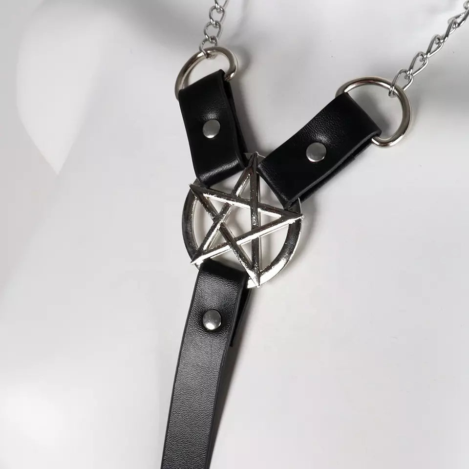 Black Gothic Bra Cage Body PU Leather Harness Adjustable Punk Belt with Pentagram
