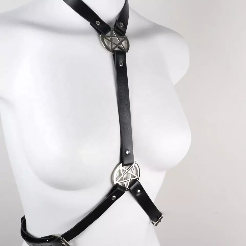Black Gothic Bra Cage Body PU Leather Harness Adjustable Punk Belt with Pentagram