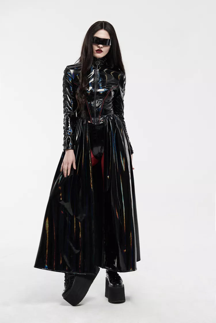Gothic Punk Cyber shiny black rococo laser trench coat long sleeve dress lace up form fitting