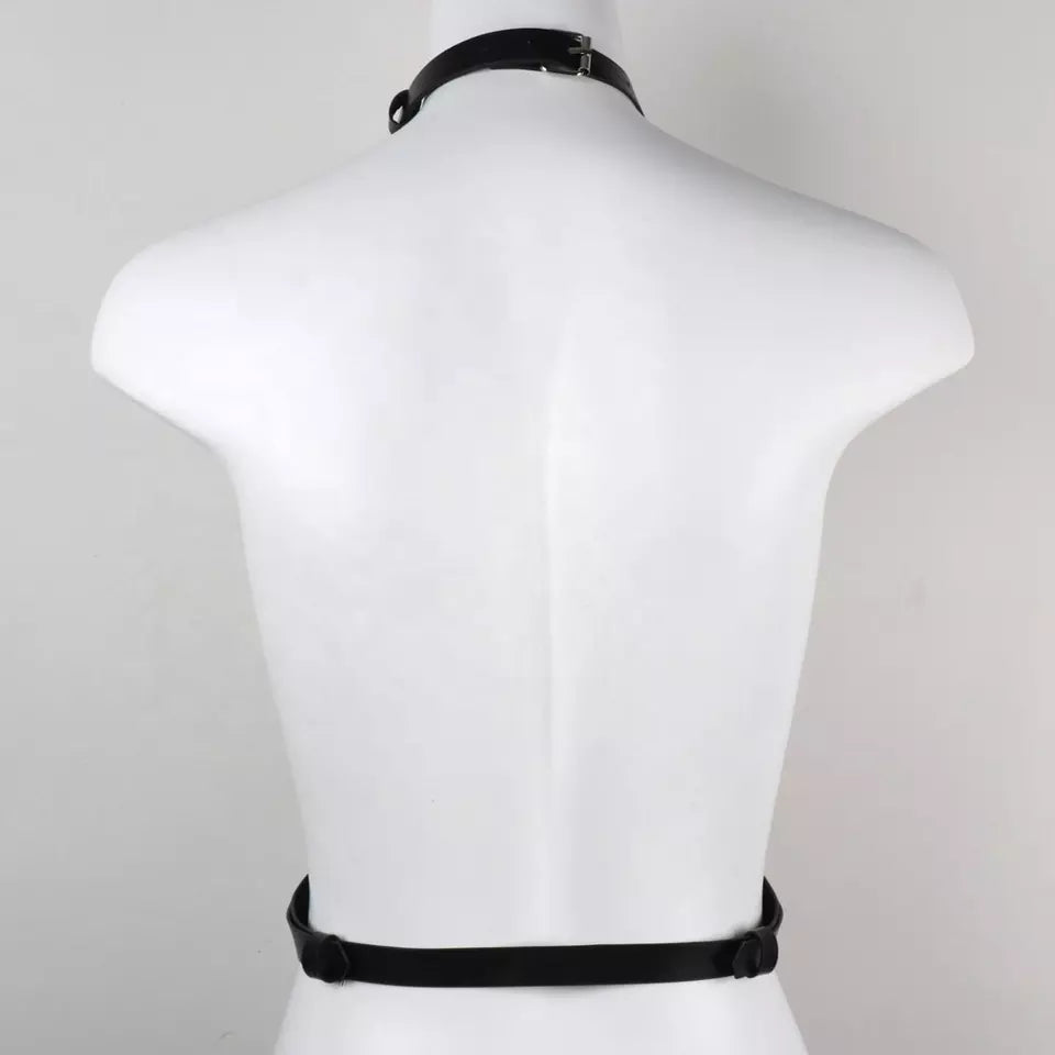 Black Gothic Bra Cage Body PU Leather Harness Adjustable Punk Belt with Pentagram