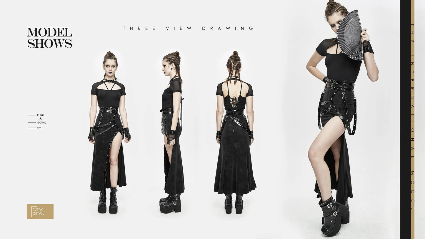 Gothic Punk High side slit design Japanese sexy girls black skirt with adjusted loops