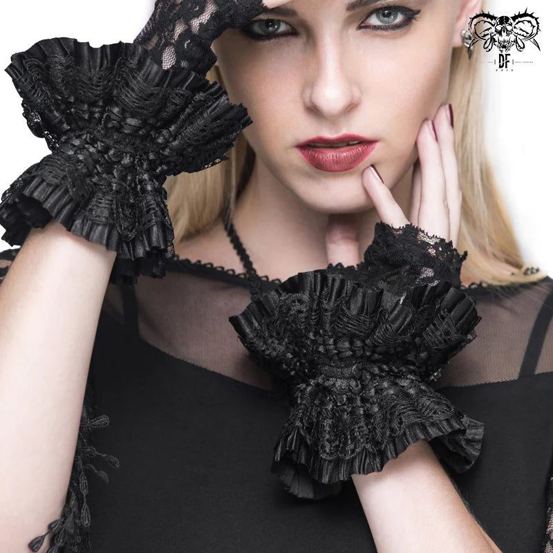 Goth Fingerless Lace Gloves with Flared Mesh Cuffs and Skull Charm