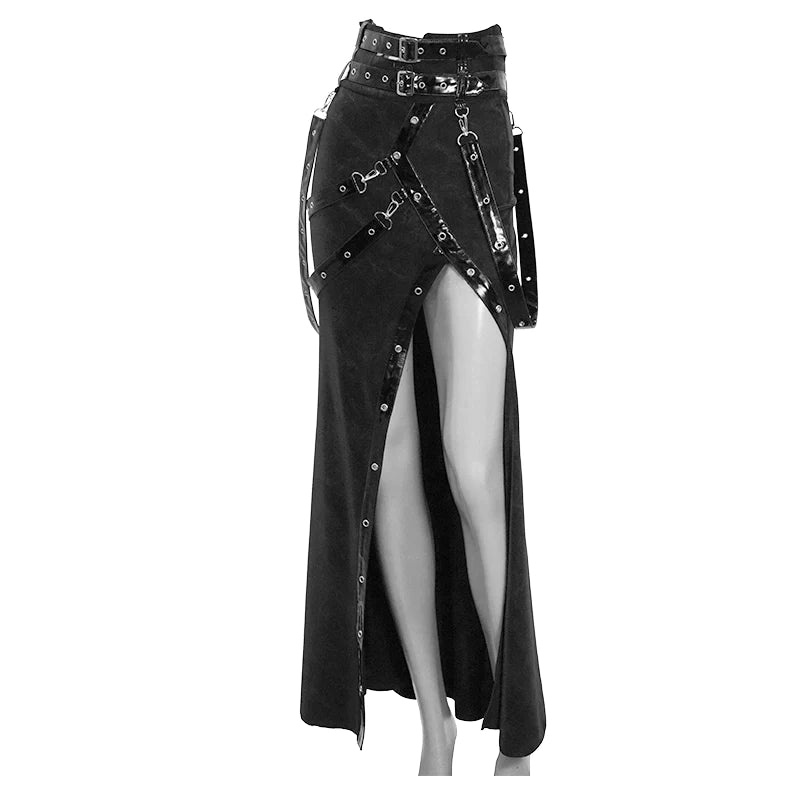 Gothic Punk High side slit design Japanese sexy girls black skirt with adjusted loops