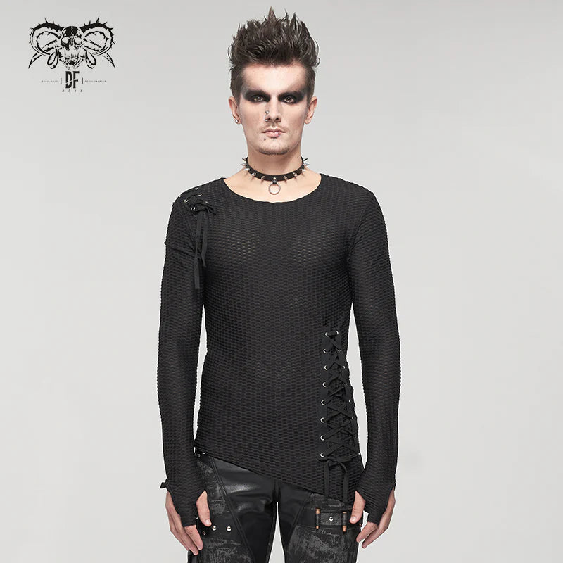 Goth Punk Coarse Mesh Asymmetrical Lace-Up Long Sleeve Shirt