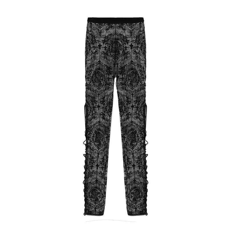 Sheer Mesh Leggings with Intricate Gothic Velveteen Design and Lace-Up Side Slits