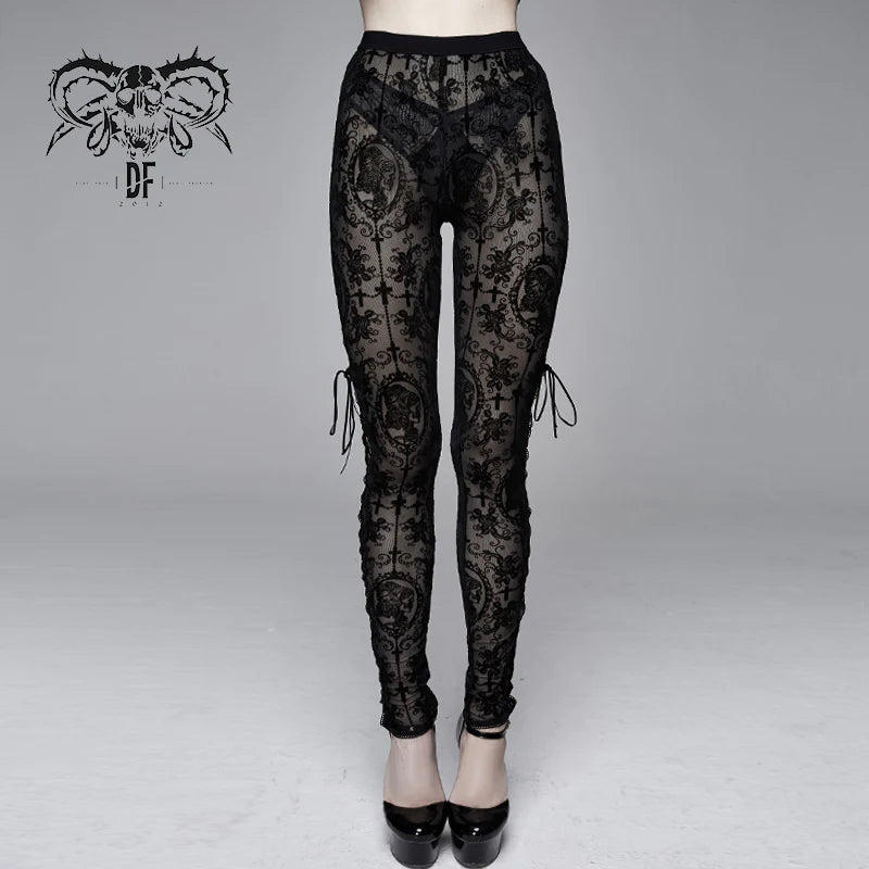 Sheer Mesh Leggings with Intricate Gothic Velveteen Design and Lace-Up Side Slits