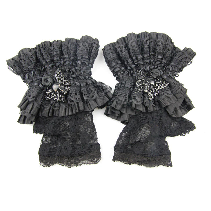 Goth Fingerless Lace Gloves with Flared Mesh Cuffs and Skull Charm