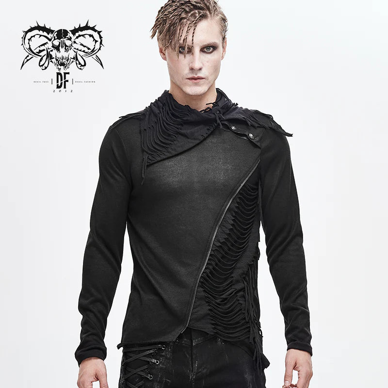 Gothic ragged turn down collar woolen punk long sleeve shirts with zipper