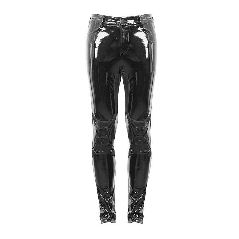 Punk Goth Cyberpunk Patent Synthetic Leather pants with studded knees