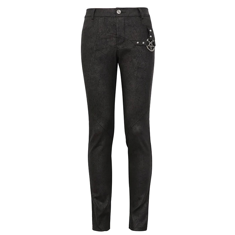 Goth Punk Men's Rubberized Cracked Textured Pentagram Fitted Trousers