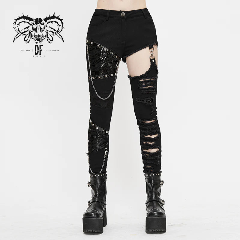 Punk Goth Asymmetrical Spliced Broken Hole Studded Women Pants with Chains