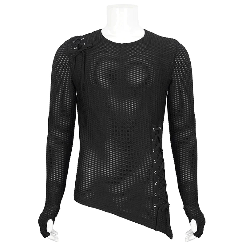 Goth Punk Coarse Mesh Asymmetrical Lace-Up Long Sleeve Shirt