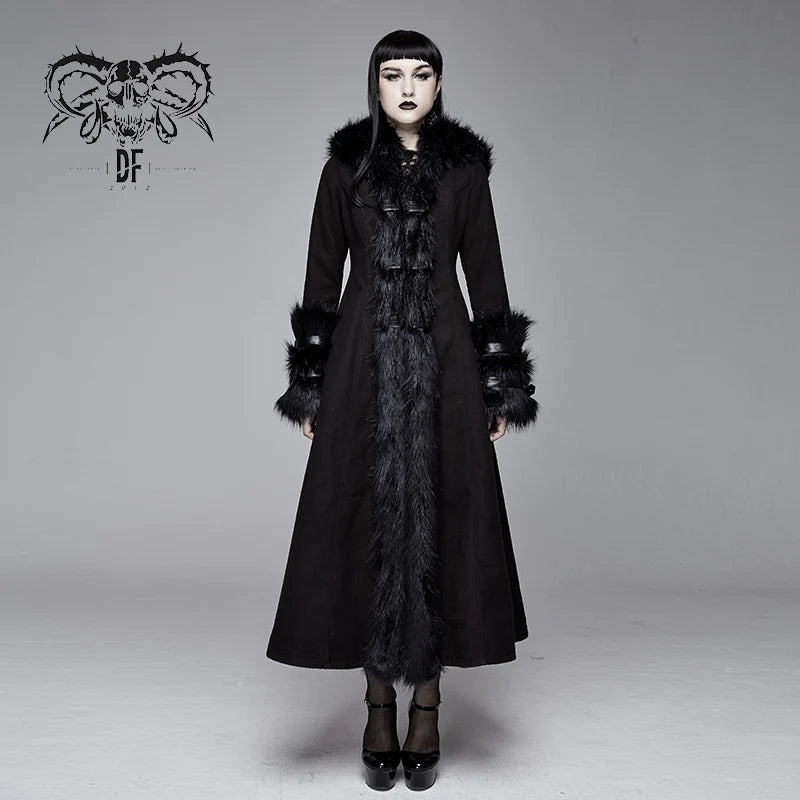 Gothic Faux Fur Trim Winter Coat with Pointed Hood