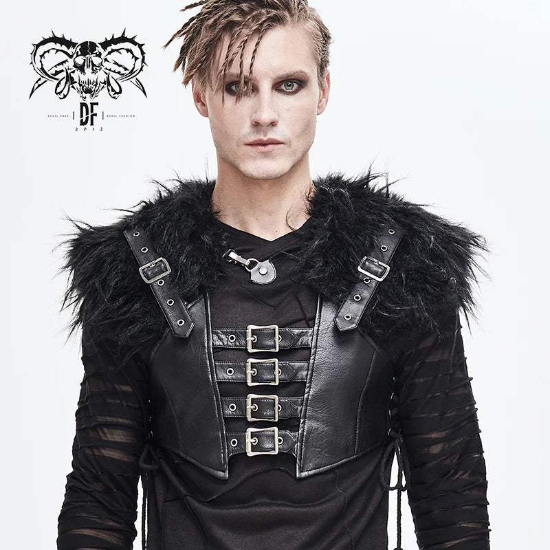 Vegan Leather Harness Vest with Adjustable Buckles and Fur Shoulders